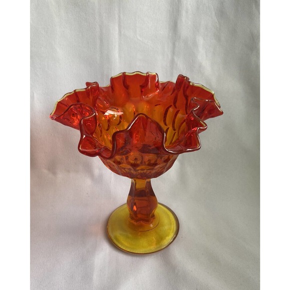 Fenton Amberina Glass Pedestal Compote Thumbprint Design Ruffled Edge Vintage - Picture 3 of 4
